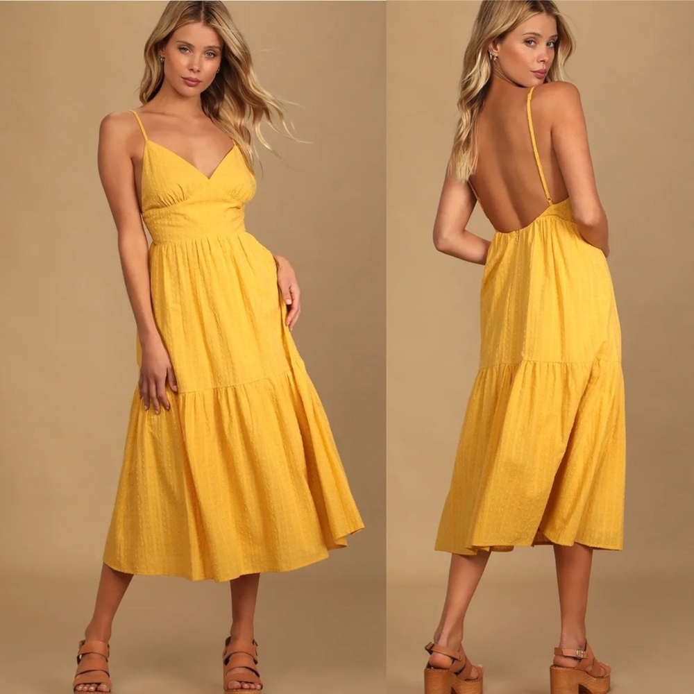 NWT Lulu’s Happy Times Mustard Yellow Tiered Midi Dress Size XS